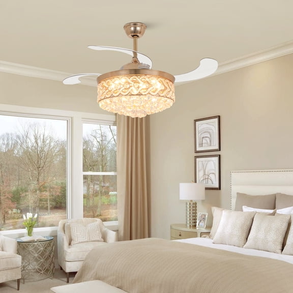 GMizon 42 inch gold heart crystal ceiling fan light LED tri-color dimmer with remote control can be invisible living room chandelier ceiling fan