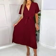 thumbnail image 2 of PEASKJP Women Dresses Summer Dress Short Sleeve Pleated Belted Wrap Dress Midi Beach Dresses L, 2 of 5