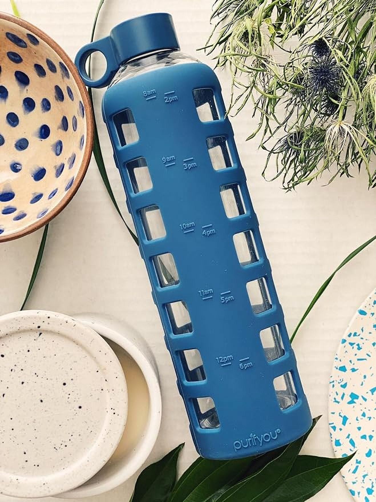 purifyou 40/32/22/12 oz Borosilicate Glass Water Bottles with Volume & Times to Drink, Silicone Sleeve & Stainless Steel Lid Insert, Reusable Bottle for Fridge Water, Juice (40oz Chinese Porcelain)