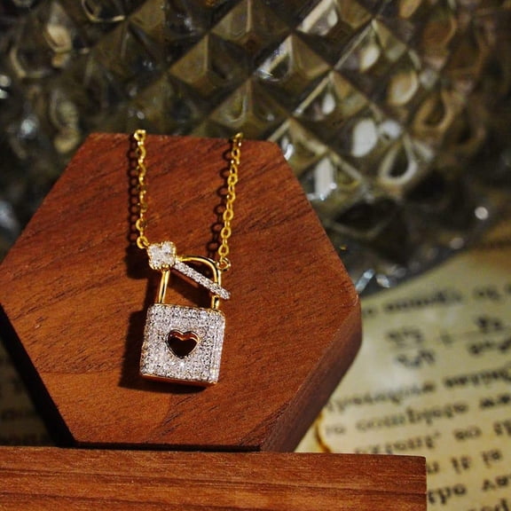 Hitanshu Jewels 14K Yellow Gold Finish Silver Round Cut CZ Key and Lock Pendant Necklace