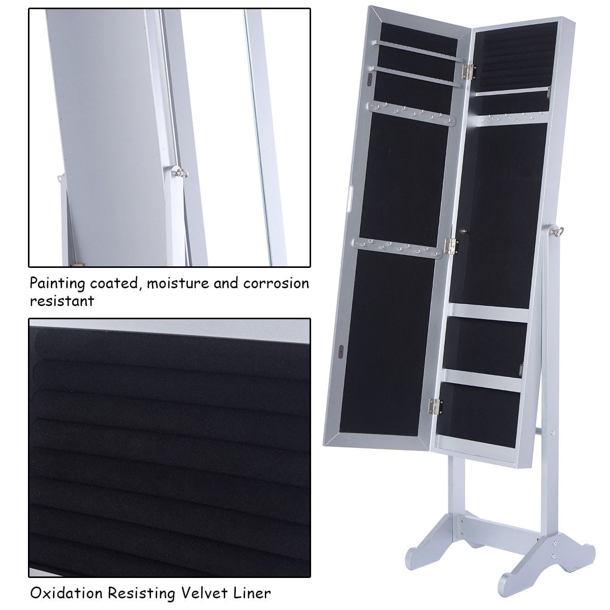 Mirrored Jewelry Cabinet Armoire Organizer Storage Box Ring W Stand White