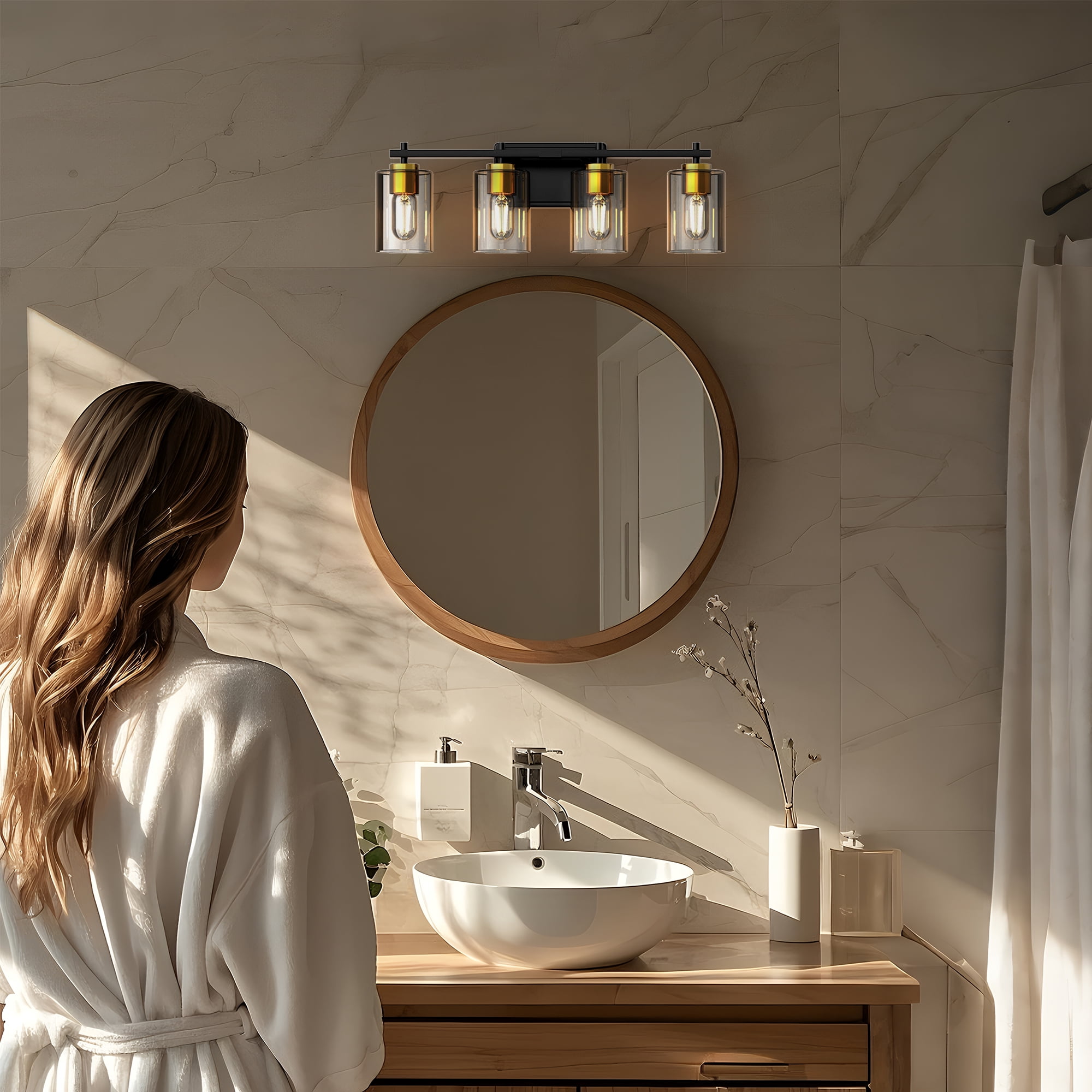 YANSUN Bathroom Vanity Light, 24.4 in 4-Light Black and Gold Bathroom Light Fixtures with Clear Glass Shade, Bathroom Lighting Fixtures Over Mirror, for Bedroom, Powder Rooms, or Vanity Nooks