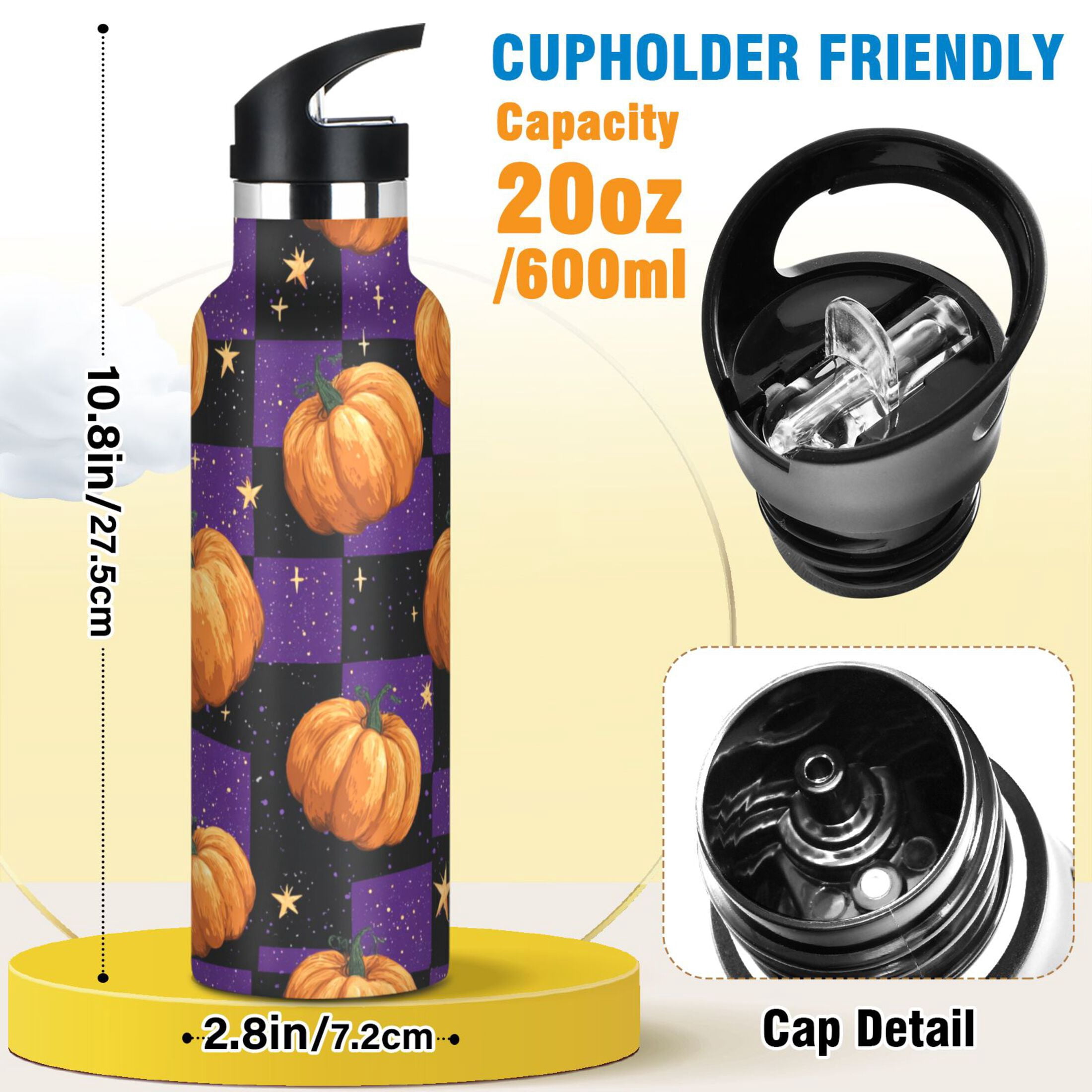 Kids Insulated Stainless Steel Sports Water Bottle 600ml (20oz) Purple Plaid and Pumpkins
