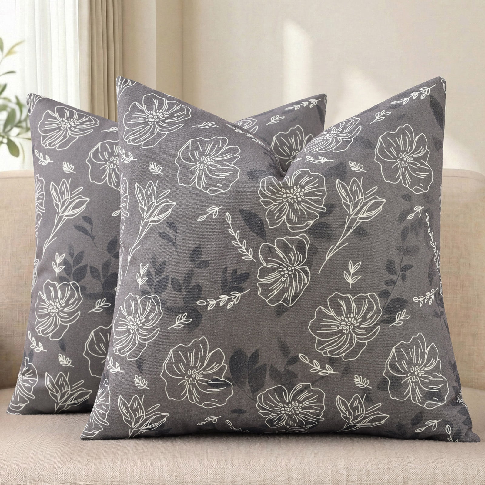 decorUhome Floral Throw Pillow Covers 18x18 Set of 2, Vintage Block Print Linen Farmhouse Decorative Pillow Cases for Couch Sofa, Taupe