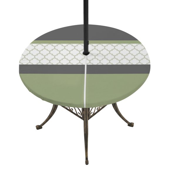 Outdoor Tablecloth with Umbrella Hole and Zipper Sage Green Gray Geometric Round Fitted Table Cover with Elastic Waterproof Stitching Morocco Pattern Patio Tablecloths for Picnic BBQS Fit 55"-60"