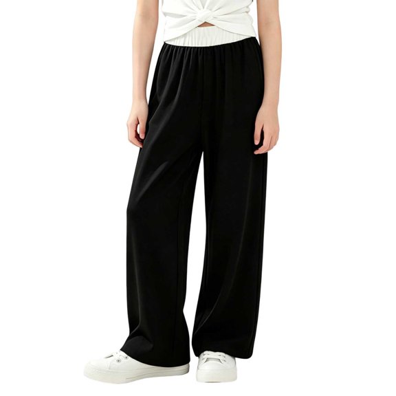QIbmong Teen Girls Summer Pants Elastic Waist Breathable Loungewear Casual Loose Straight Cool Trousers with Pockets(10-11Years,Black)