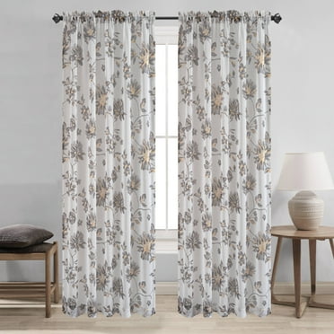 Anna Sheer Metallic Floral Rod Pocket Window Panel, Grey, 54x84 Inches