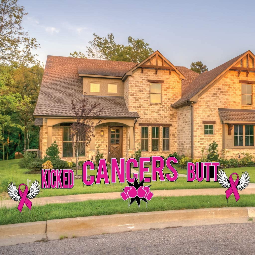 Kicked Cancers Butt Yard Decor Set, Breast Cancer Survivor Yard Signs, 12pcs Includes Garden Stakes 13648