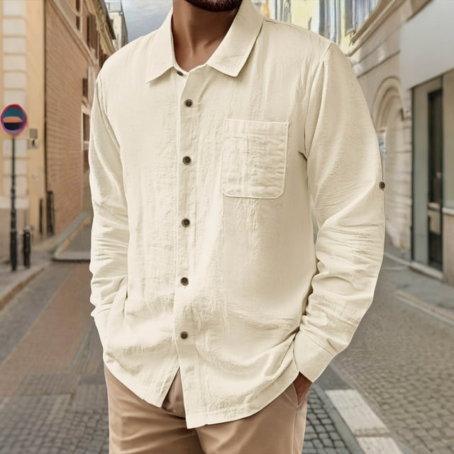 pstuiky Camisas de invierno de manga larga para hombre, Camisa de lino con bolsillo y solapa con botones y manga larga de color liso para hombre top de hombre xxl