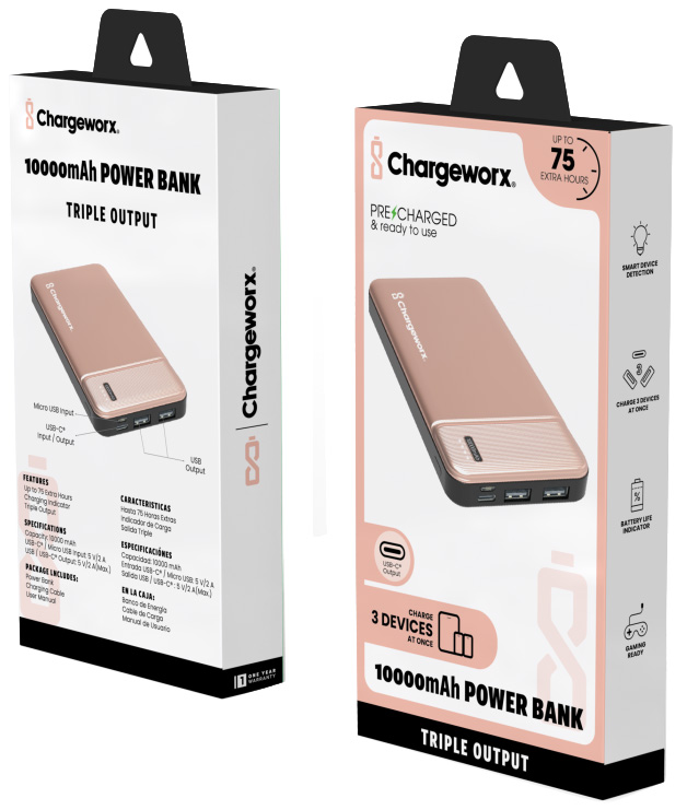 Chargeworx 10000mAh Power Bank – Portable Charger with Triple Output | USB-C, Micro USB & USB Ports | Up to 75 Extra Hours | Compact External Battery Pack for Phones, Tablets & Mor