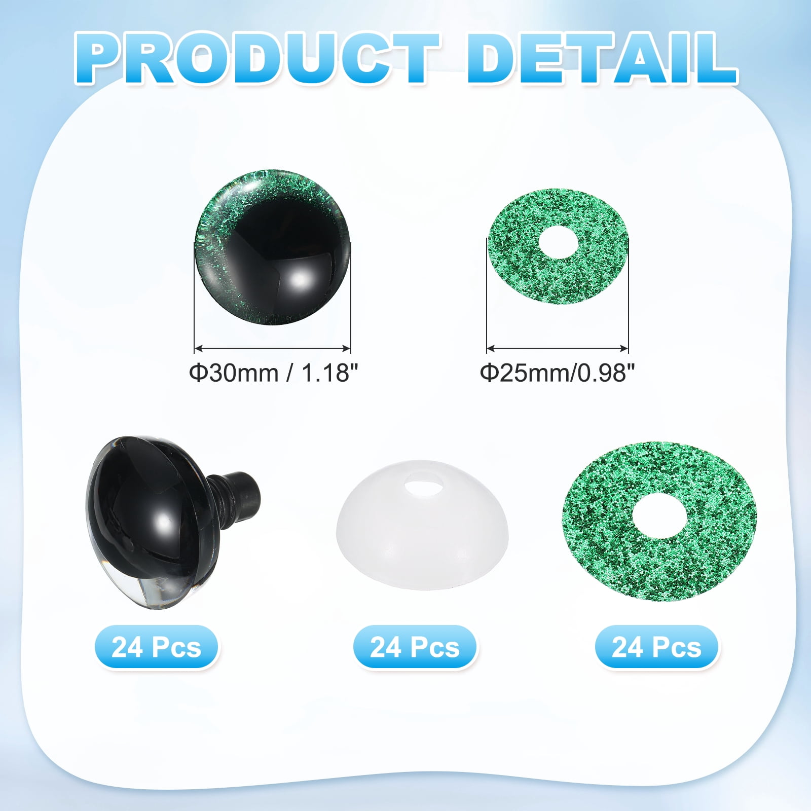 Uxcell 30mm Flash Safety Eyes, 24 Pcs Doll Eyes Realistic Colorful Crocheting Safety Eye for Decor Crochet Accessories Dolls Craft, Green