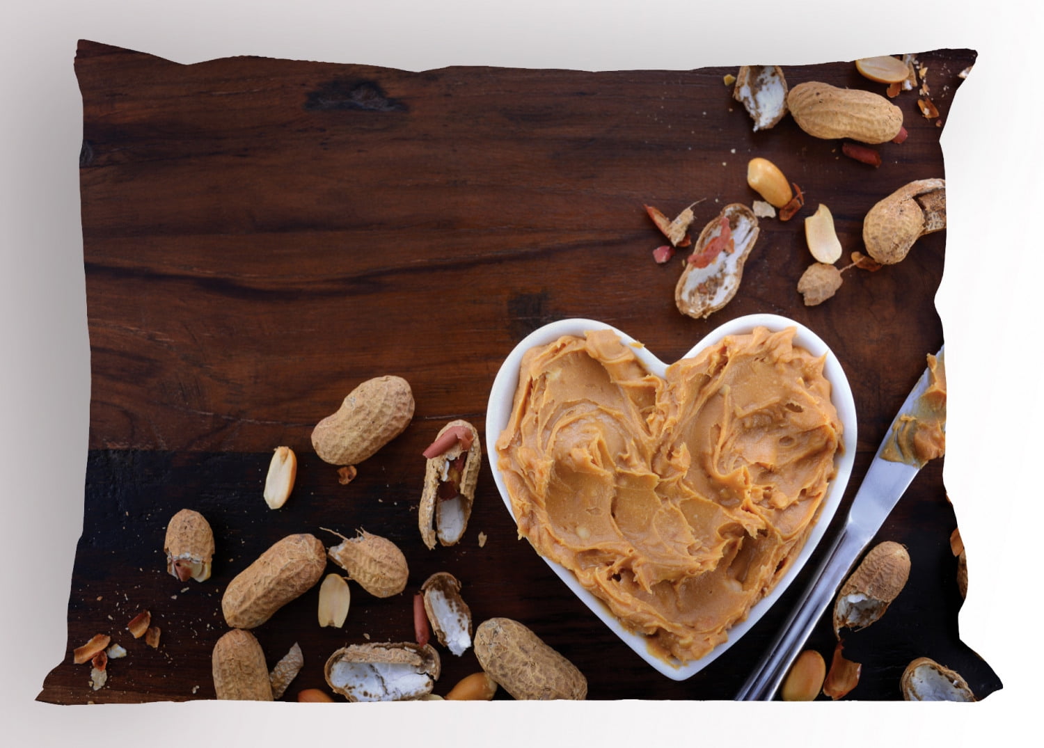 Peanut Butter Pillow Sham, Crunchy Peanut Butter in White Heart Shape Dish on Vintage Table