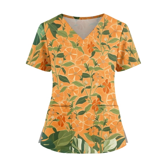 Hawaiian Womens Scrubs Tops V Neck Short Sleeve Nurse Shirts Hawaiian Printed Stretch Work Uniform Medical Scrubs with Pockets Saffron 3XL