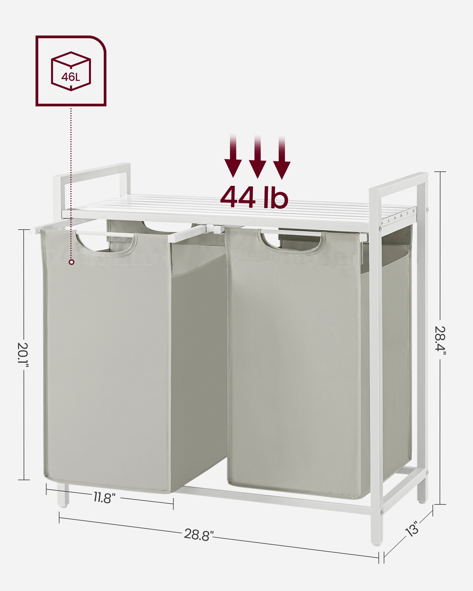 VASAGLE Laundry Hamper, Laundry Basket, Laundry Sorter with 2 Pull-Out and Removable Bags, Shelf, Metal Frame, 2 x 12.1 Gallons