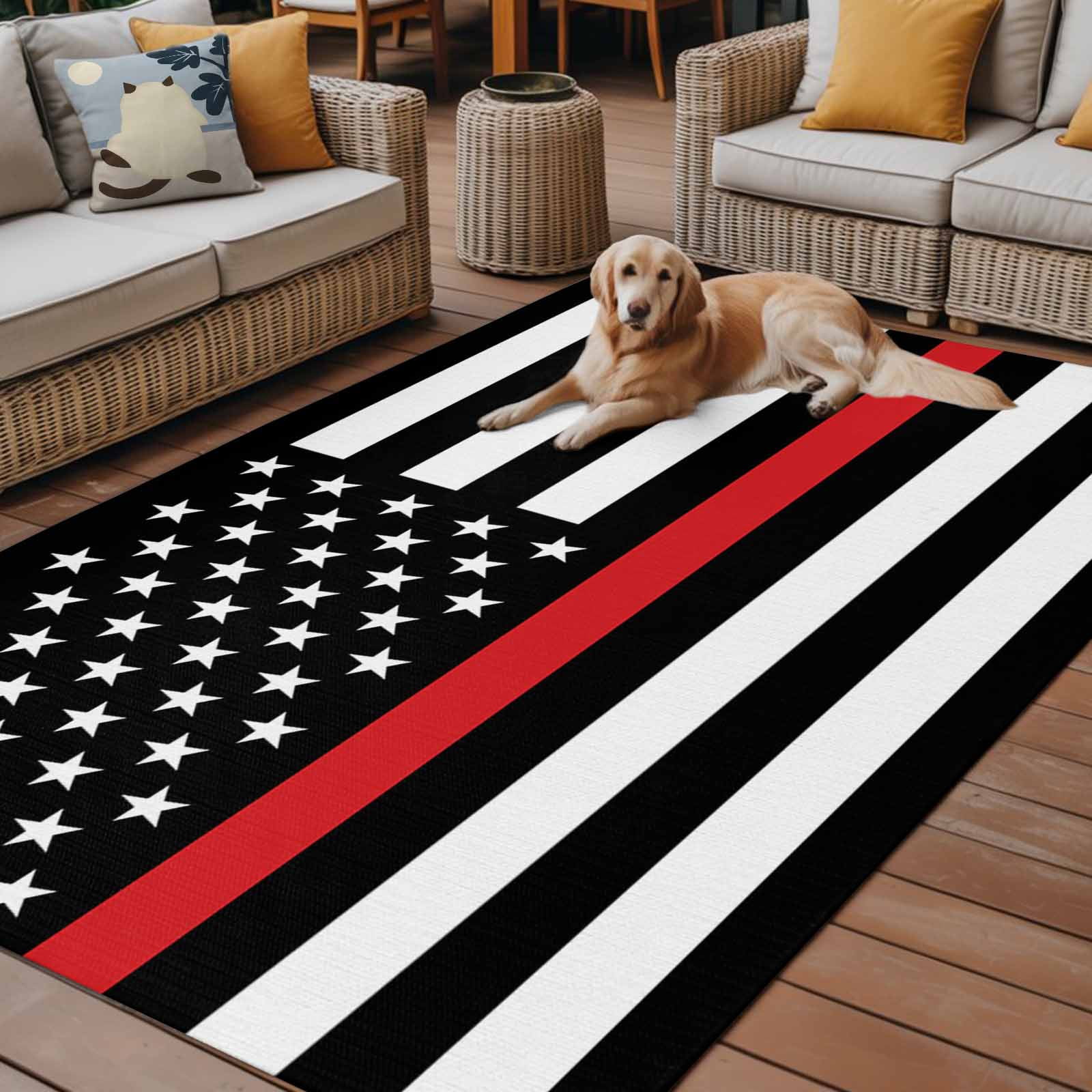 Fsddascl Red White Stripe Fireman American Flag Outdoor Rug for Patio/Deck, Non-Slip Large Area Rug 5 x 8 Ft, Fire Fighter USA Flags Indoor Outdoor Rugs Washable Area Rugs, Camping Rug Carpet