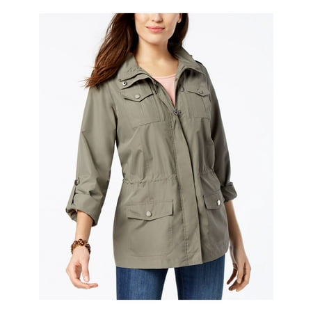 STYLE & COMPANY Womens Green Pocketed Zippered Taffeta Lining, Gathered Waist Zip Up Jacket Petites PP
