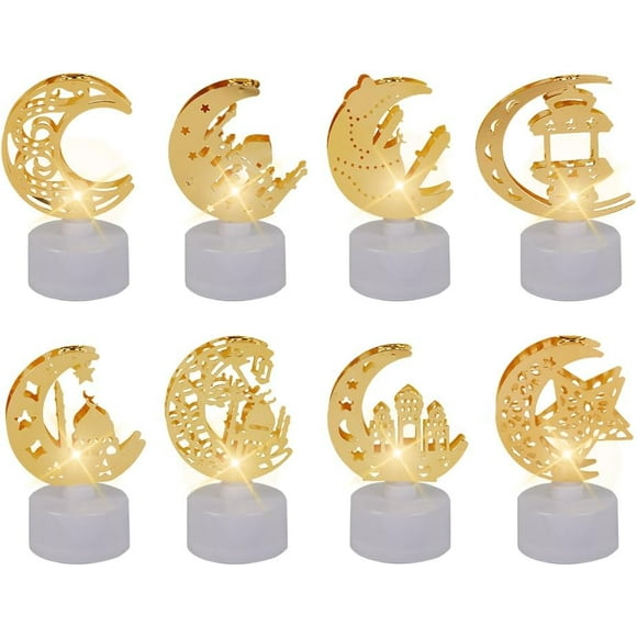 Kellegour 8 Pcs Décorations de Lumières de Ramadan, Lanterne Eid Mubarak, Lanternes Décoratives Islamiques Traditionnelles, Or
