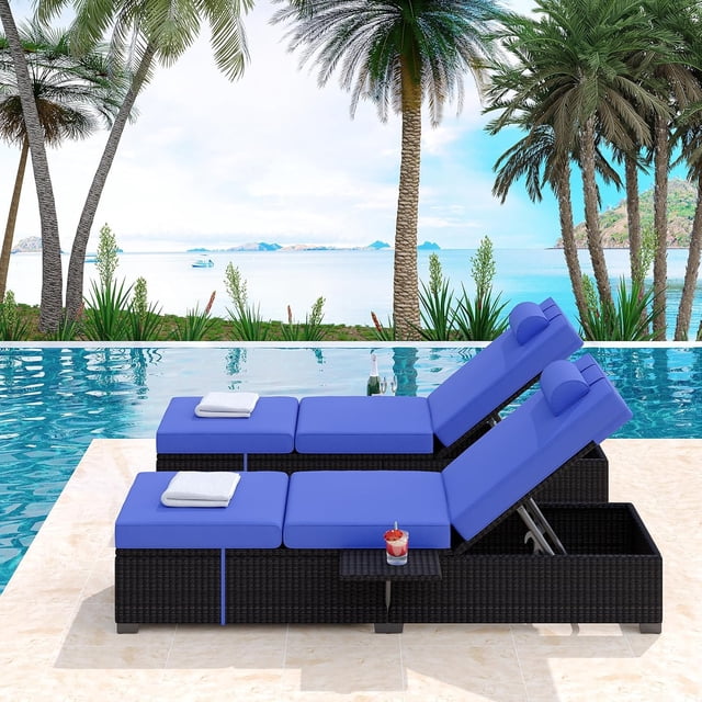 Patio Lounge Chairs,Outdoor PE Wicker Chaise Lounge Set of 2,Chaise Lounge Chair Outdoor,Pool Furniture,Brown Rattan Recliners with Adjustable Backrest,Storage Table