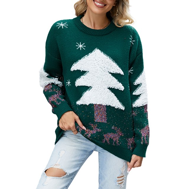 Suéter de punto para mujer, manga larga, patrón de árbol de Navidad, atuendo diario informal FLhrweasw Nuevo