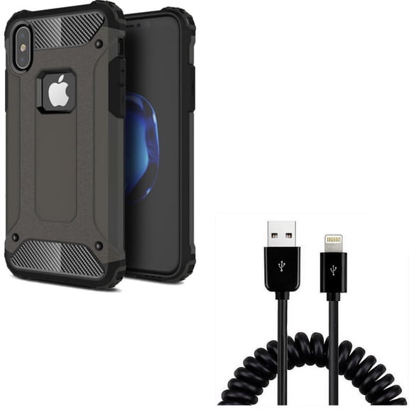 Case w USB Cable for iPhone XS/X - Hybrid Slim Fit Cover Reinforced Bumper Shock Absorbent, Coiled Charger Cord Power Sync for iPhone XS/X