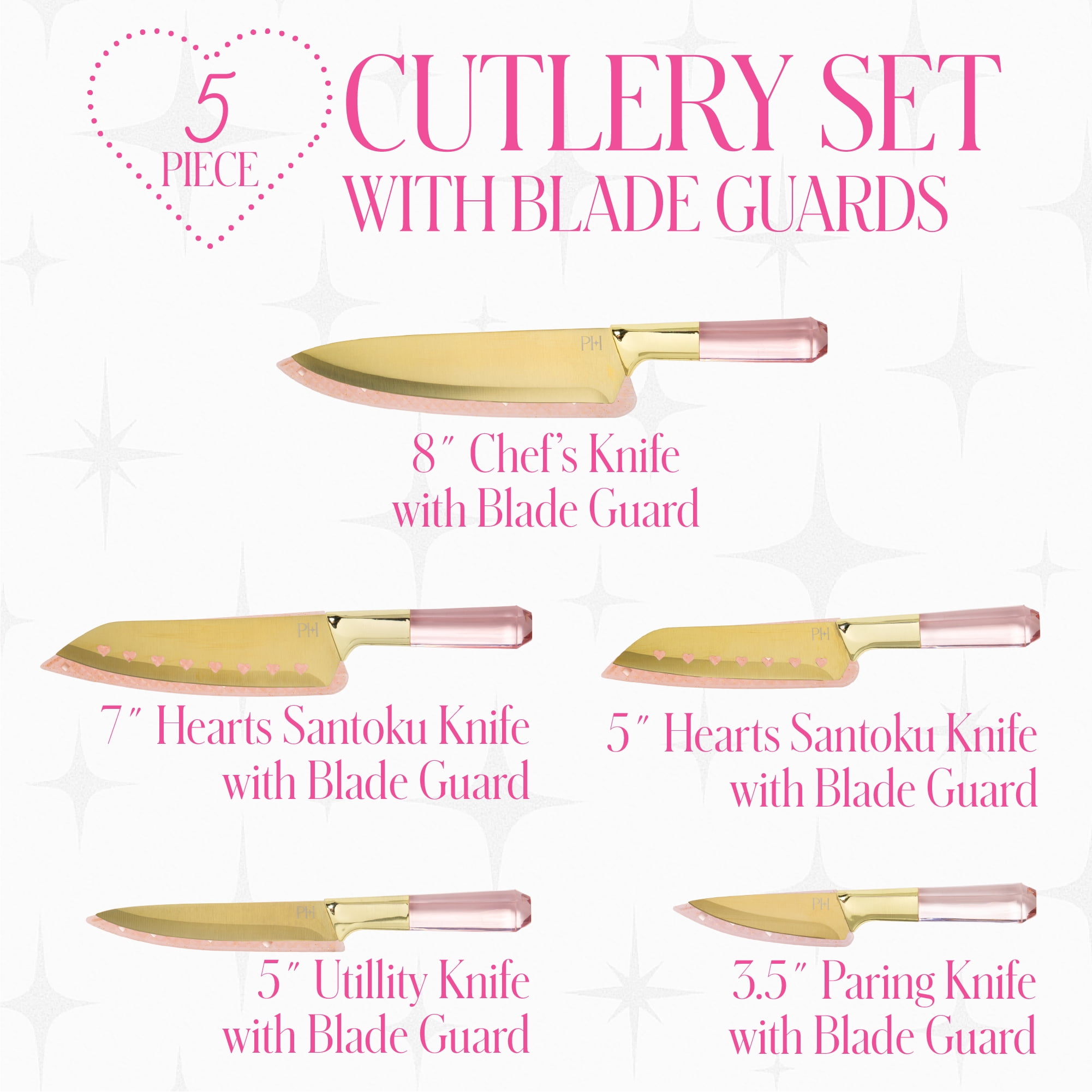 Paris Hilton 10-Piece Cutlery Set with 5- Knives and 5- Blade Guards, Gold Titanium-Coated Stainless Steel Blades, Pink Jewel-Shaped Handles