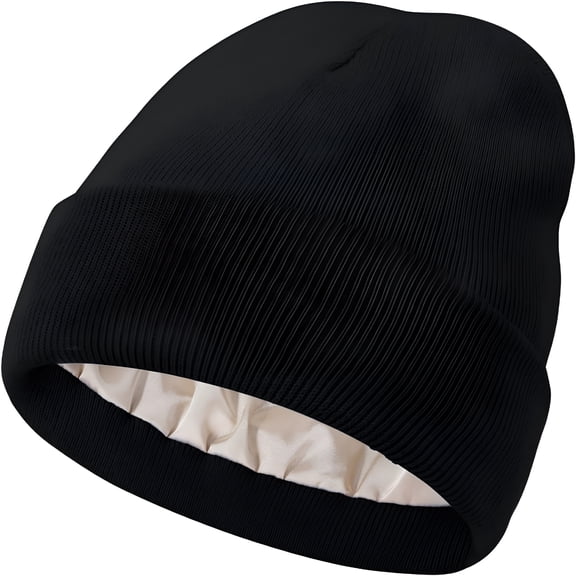 TELOLY 2026 New Satin Lined Knit Beanie Hat Winter Hats for Women Men Silk Lining Soft Slouchy Warm Cuffed Beanie Hat (Black) for Outdoor Activities, Winter Sports, Casual Wear, Commuting