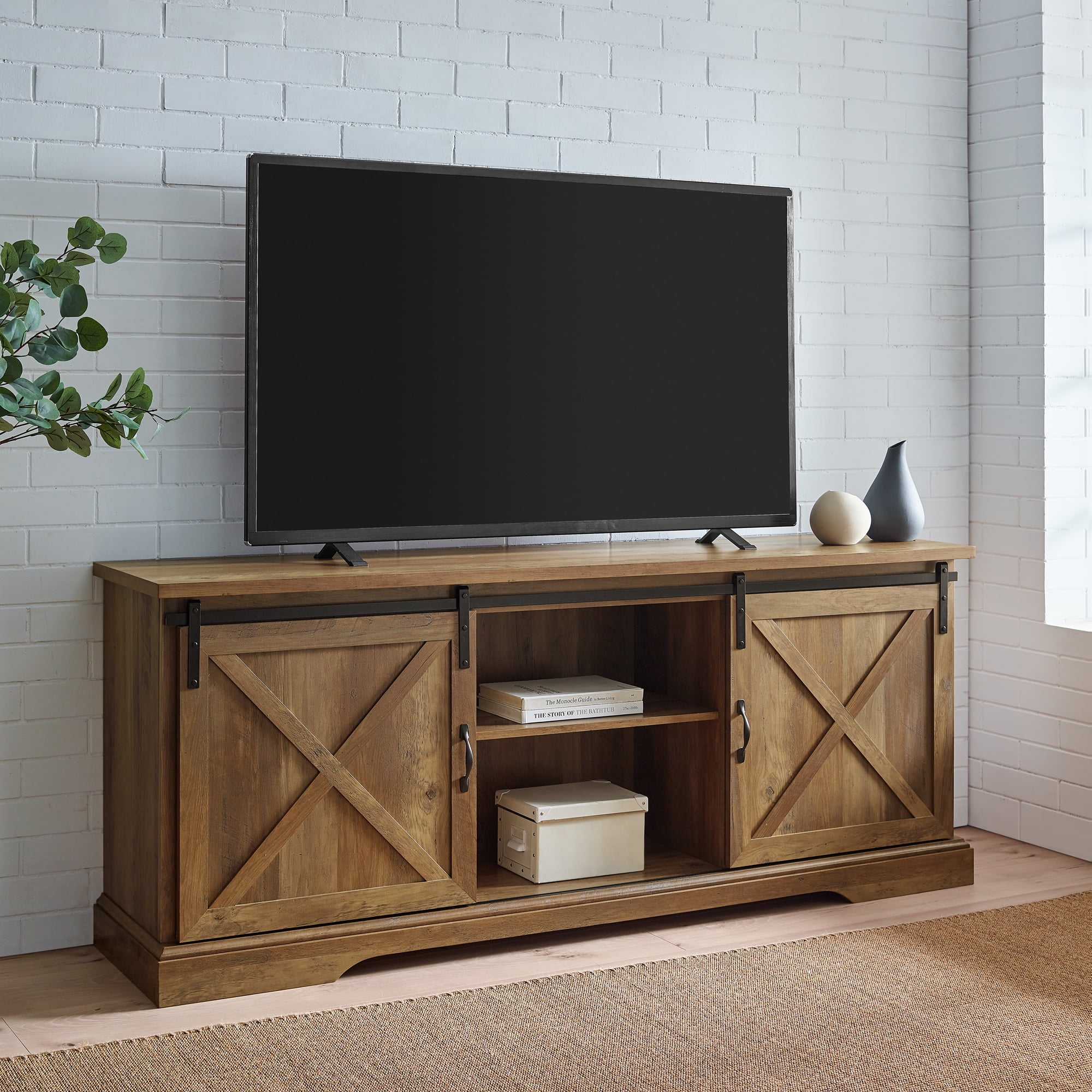 Manor Park Sliding Door TV Stand for TVs up to 80", Barnwood Walmart