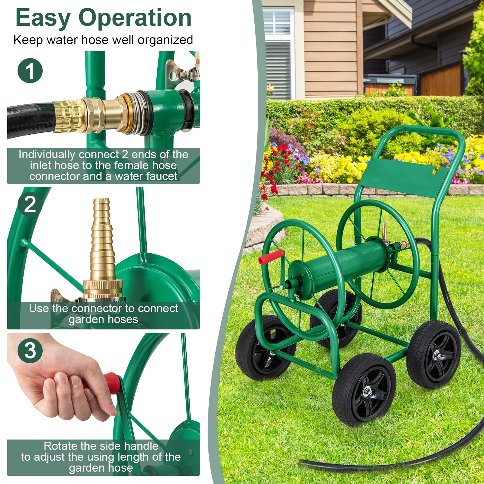 Patiojoy 4-Wheel Garden Water Hose Reel Cart Heavy Duty Wheel Water Planting Cart with Non-slip Crank Handle, Outdoor Slide Hose Guide System Green