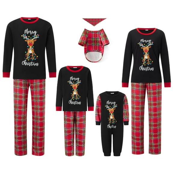 Family Christmas Matching Pajamas Set Christmas Pajamas for Family Christmas PJS Xmas Matching Family Pajamas Letter Deer Print Long Sleeve Tops and Plaid Pants Sleepwear