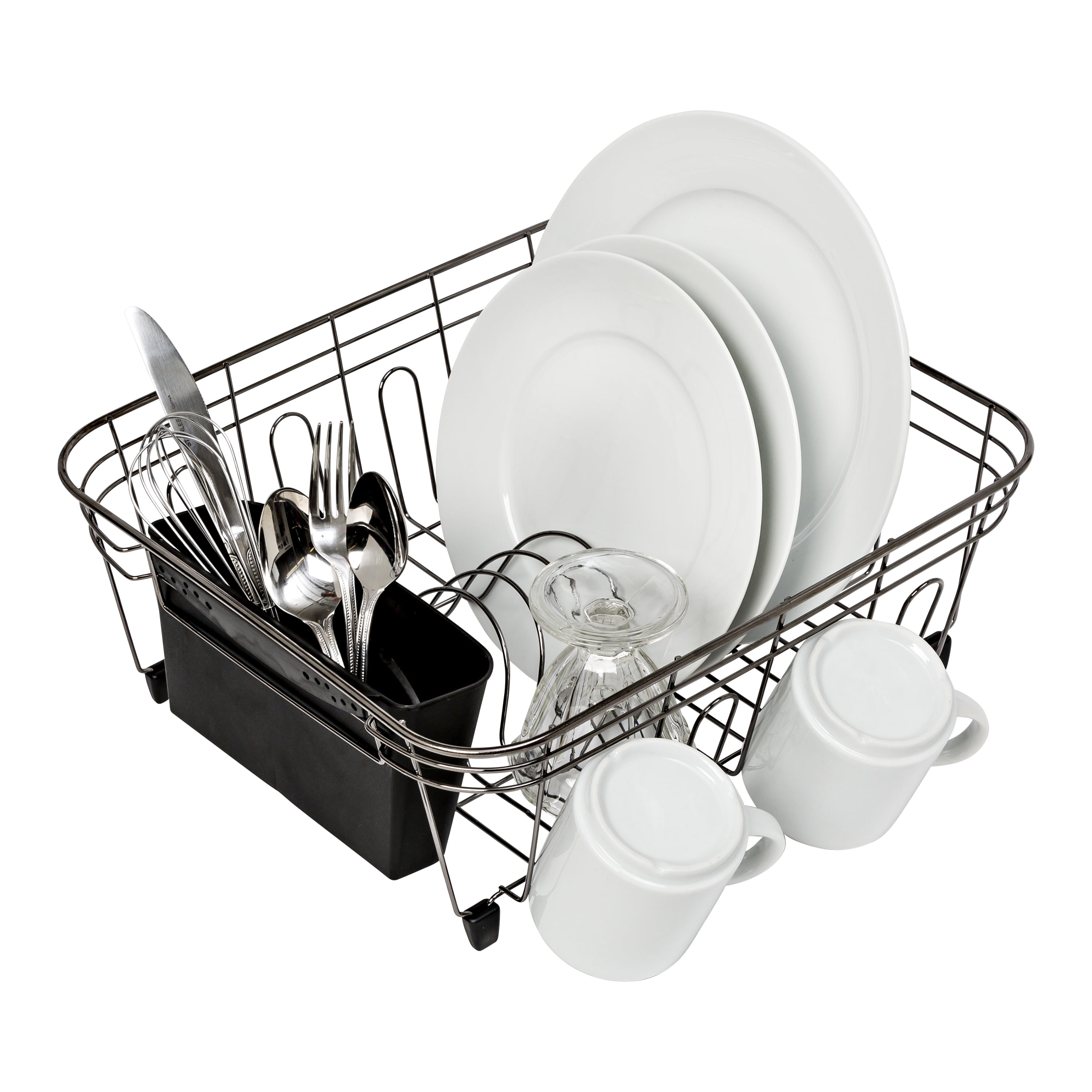 happimess Compact 17.25 Fingerprint-Proof Stainless Steel Dish Rack with Wine Glass Holder, Stainless Steel/Black