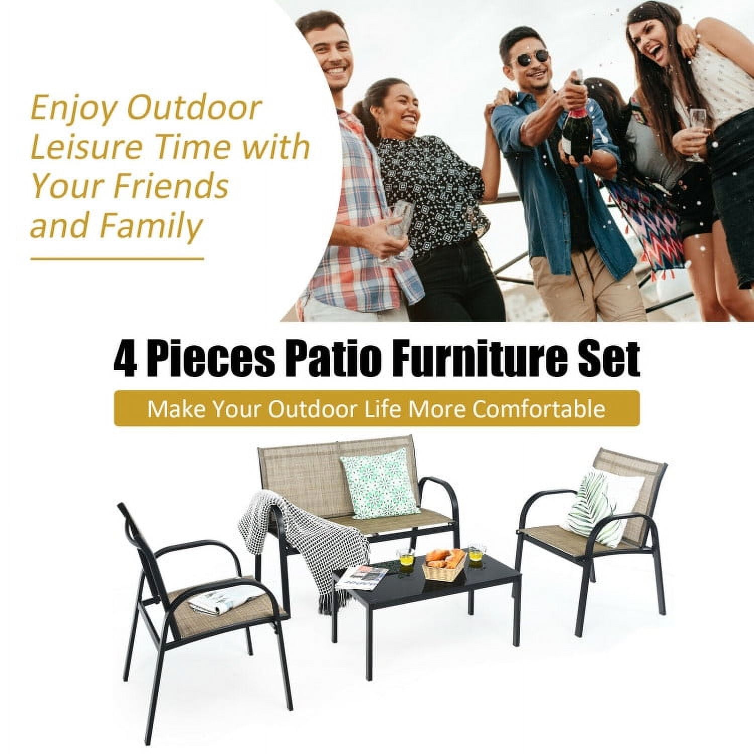 Aimee Lii 4 Pieces Patio Furniture Set, Aluminum Frame Cushioned Sofa, Small Patio Set, Brown Aimee Lii 4 Pieces Patio Furniture Set, Aluminum Frame Cushioned Sofa, Small Patio Set, Brown