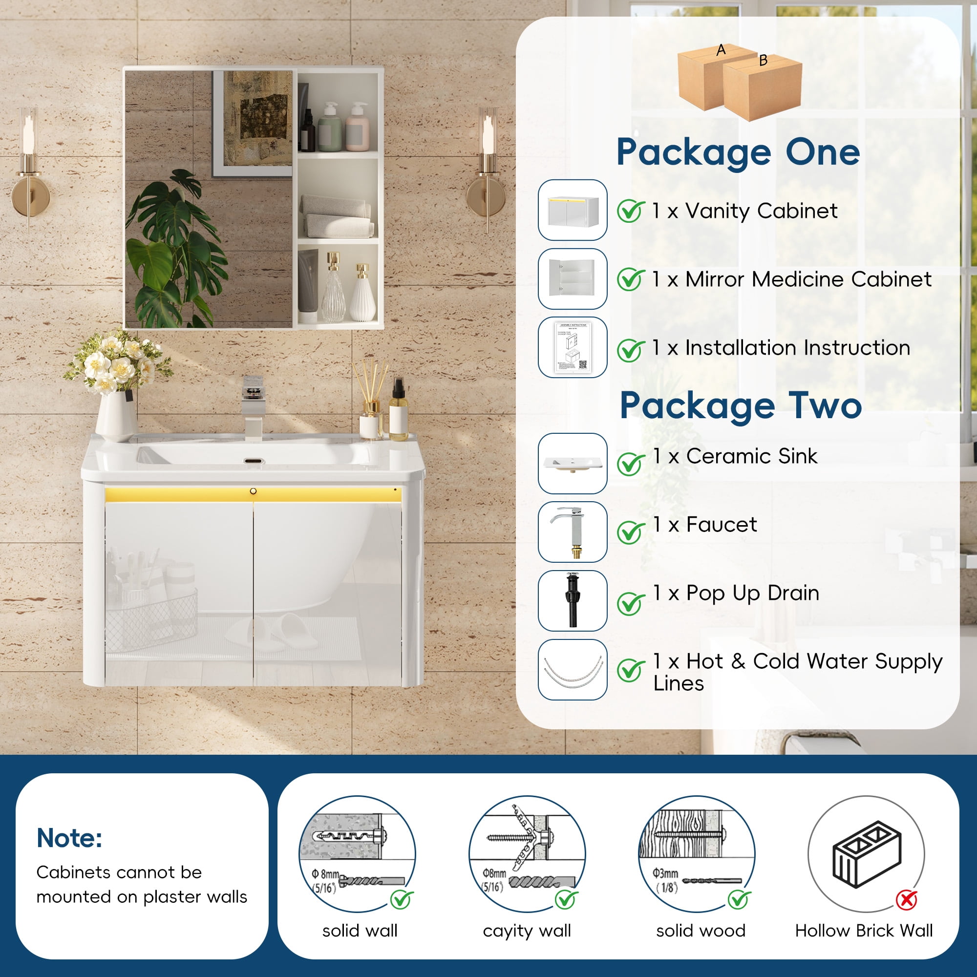 ANPOO 30 Inch Bathroom Vanity with Sink and Mirror Medicine Cabinet,Modern Floating Bathroom Storage Cabinet with 2 Soft Closing Door