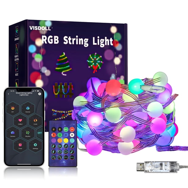 String Lights VISDOLL Aplicación de sincronización de música RGB de 5 m con control remoto USB