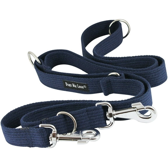 1.25" Wide Organic Cotton Web 6-Way European Multi-functional Dog Leash, Adjustable Lead 45"-78" Long, XLarge (Blue)