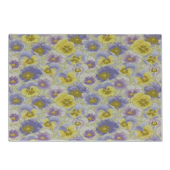 Floral Cutting Board, Hand Drawn Pansy Flowers Garden Botanical Watercolor Pattern, Decorative Tempered Glass Cutting and Serving Board, Small Size, Lavender Lilac Yellow, by Ambesonne