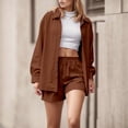 thumbnail image 2 of JIAYUE Women 2 Piece Outfits Sets Long Sleeve Casual Lapel Spring Summer Fall Everyday Wear Button Down Shirt With Comfortable Shorts Loungewear Female Breathable Clothing Set, 2 of 9
