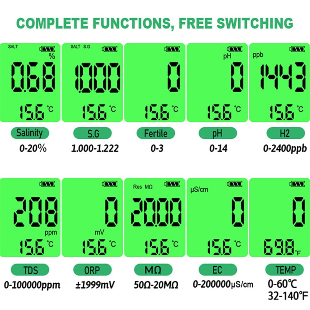 10 in 1 Digital Water Tester Meter, PH/TDS/EC/Salinity/SG/ORP/Hydrogen-rich/Resistivity/Temp/Nutrient Solution, Water Tester Pen for Drinking Water Hydroponics Plant Fish Tank, Pool Salt Tester