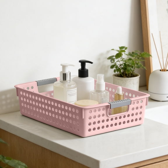 Plastic Multi Purpose Storage Baskets, Waterproof Bathroom and Laundry Organizer Bin, Stackable Toy and Shower Caddy with Handles, for Easy Cleaning and Home Organization, Pink