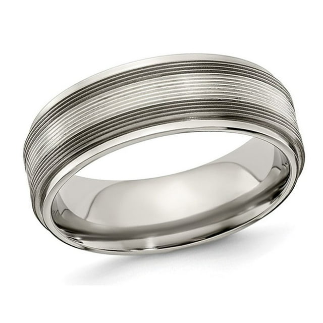 Mens Titanium with Sterling Silver Txtured Lines Band Ring (7.5mm)