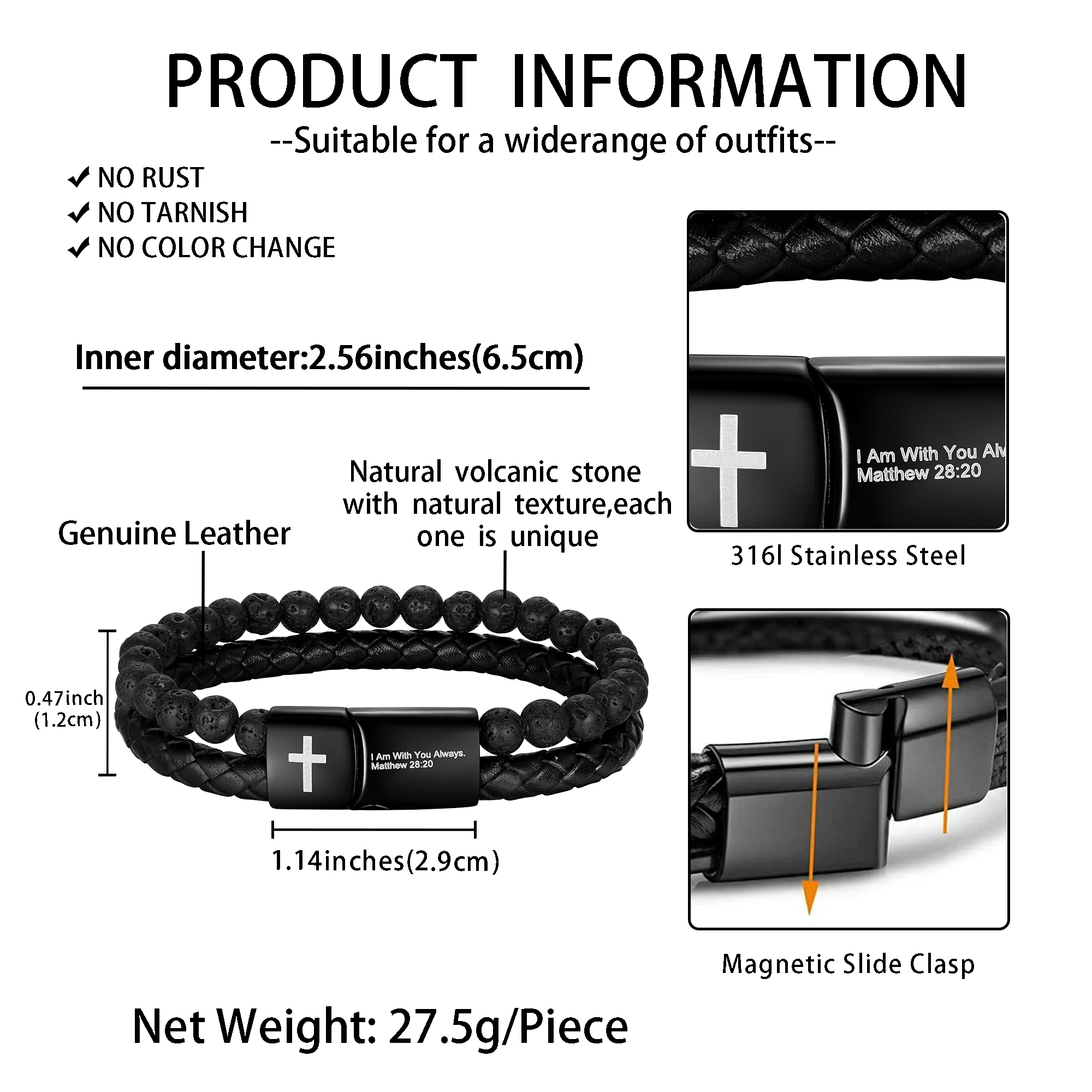 Jewmon Men's Stainless Steel Cross Bracelet with Lava Rock Beads photo 5