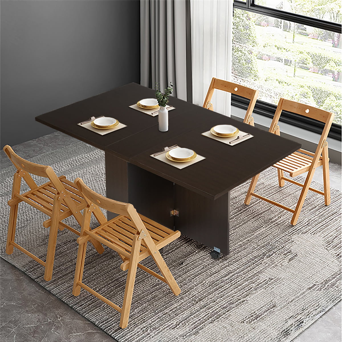 3 in 1 Folding Wooden Counter Dining Table With Wheels Saving Space for Kitchen Dining Room w/ Storage