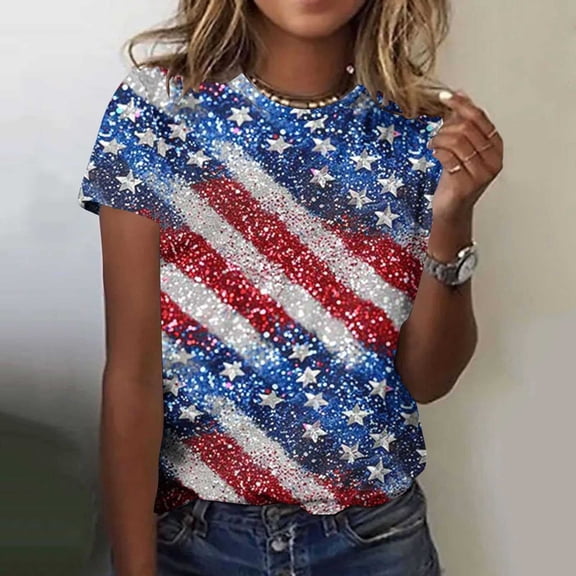 Vetsdori Women's Red White and Blue T Shirts 4th of July Summer Pullover American Short Sleeve Plus Size Casual Red White and Blue , Graphic Independence Day Tops for Women Crew Neck