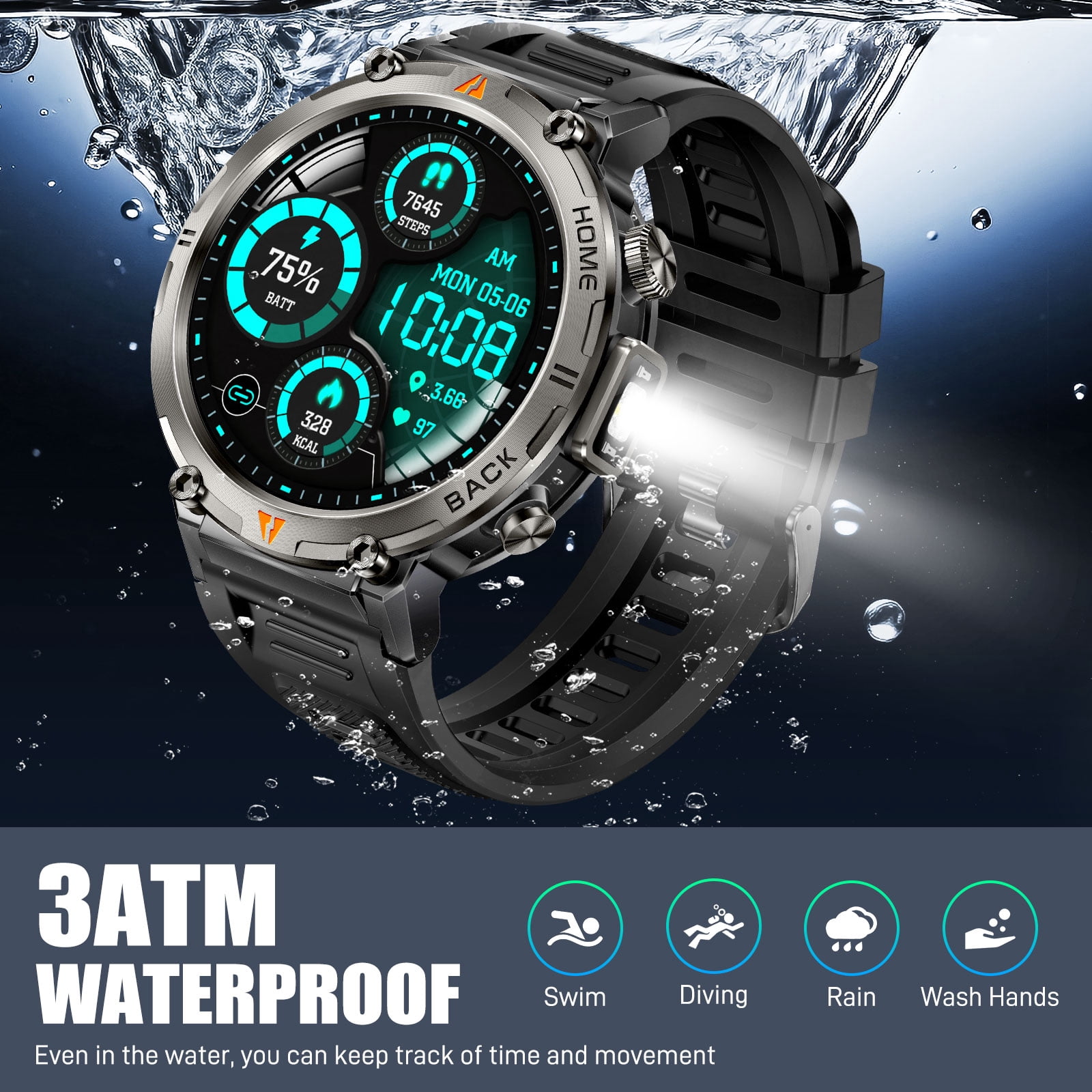 XAXRE KE3Pro GPS Smart Watch for Men with, 3ATM Waterproof Watch 530mAh Smartwatch with Flashlight Compatible with Android iOS, 1pc