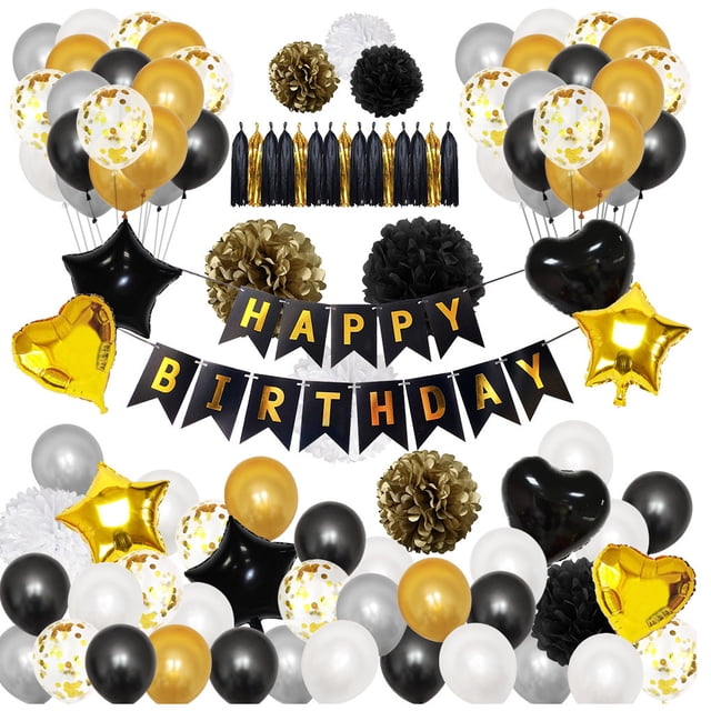 Toystoory Decoraciones de cumpleaños negras, no tóxicas y no peligrosas, con pancarta de feliz cumpleaños, ecológicas. Kits de decoración para fiestas