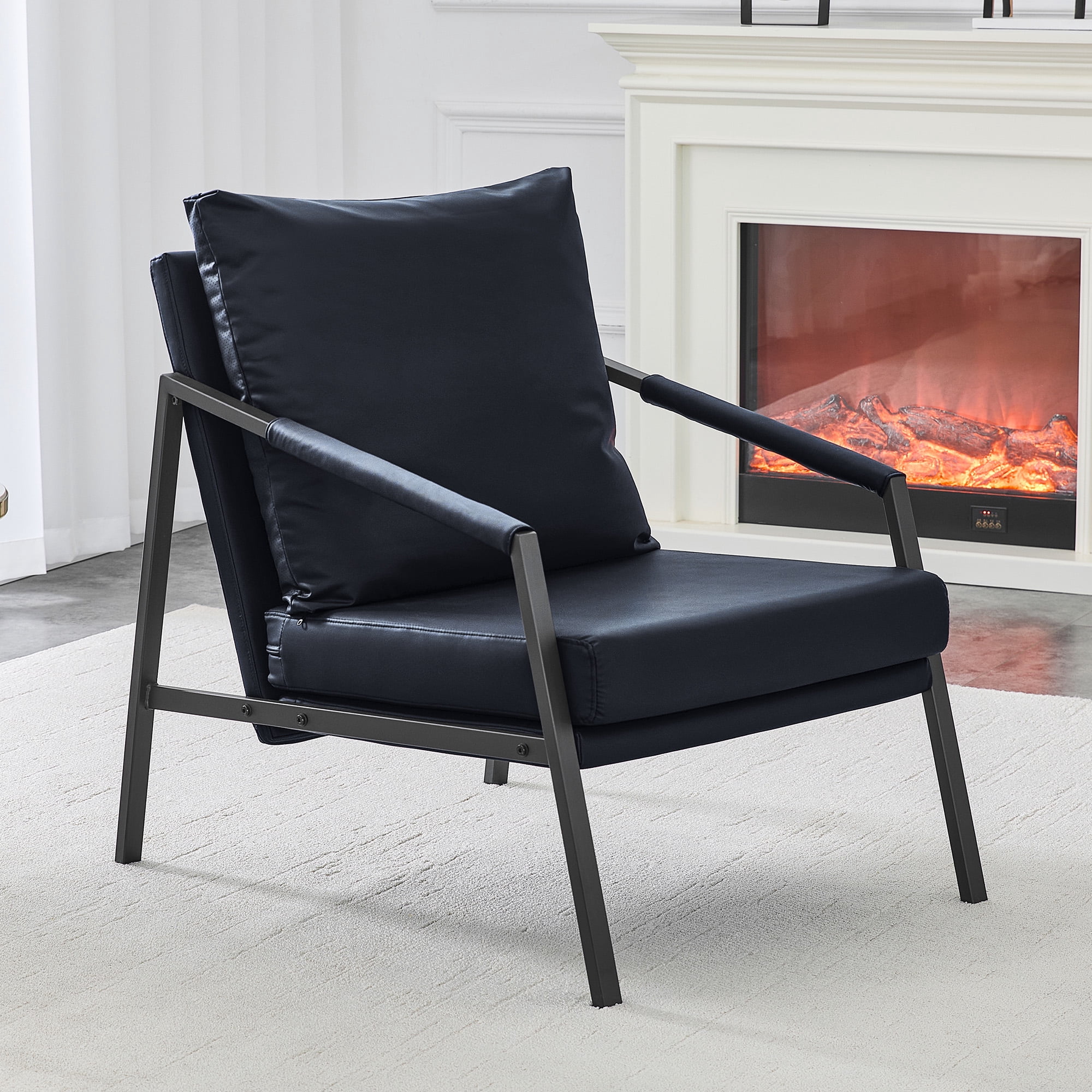 Alvantor Black Faux Leather Accent Chair with Black Metal Frame and Armrests