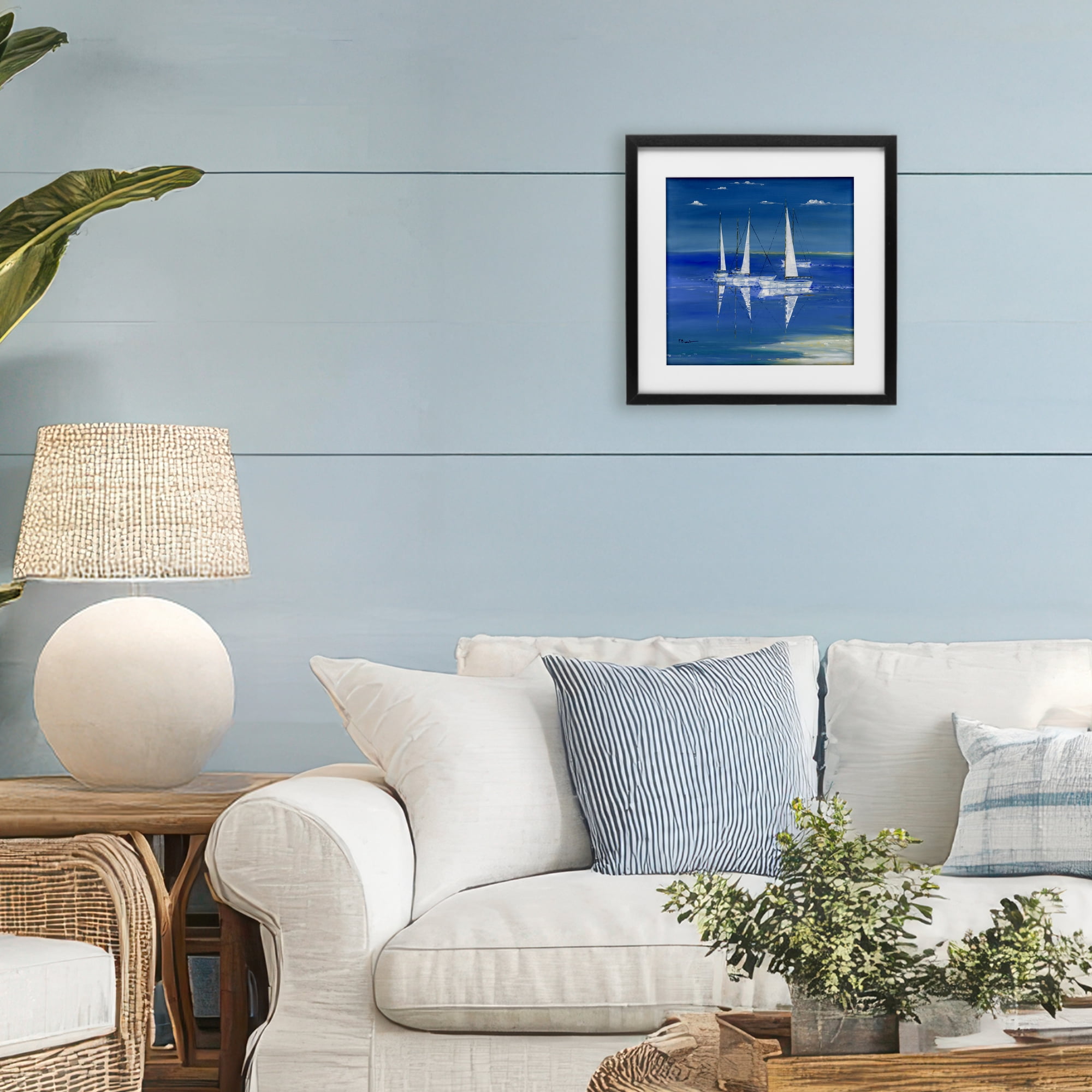 Stupell Industries Serenity Sailboats Reflected on Water Black Framed Print Under Glass, design by Paul Brent