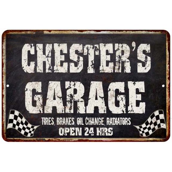 CHESTER'S Garage Black Grunge Sign 8 x 12 High Gloss Metal 208120005381