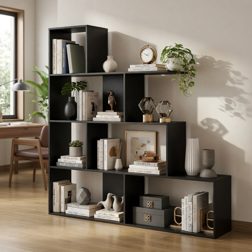 Barara King 4-Tier Modern Stepped Bookshelf with 6 Storage Cubes, Bookcase Display Standing Shelf for Living Room, Bedroom, Office Room, Study Room, Black