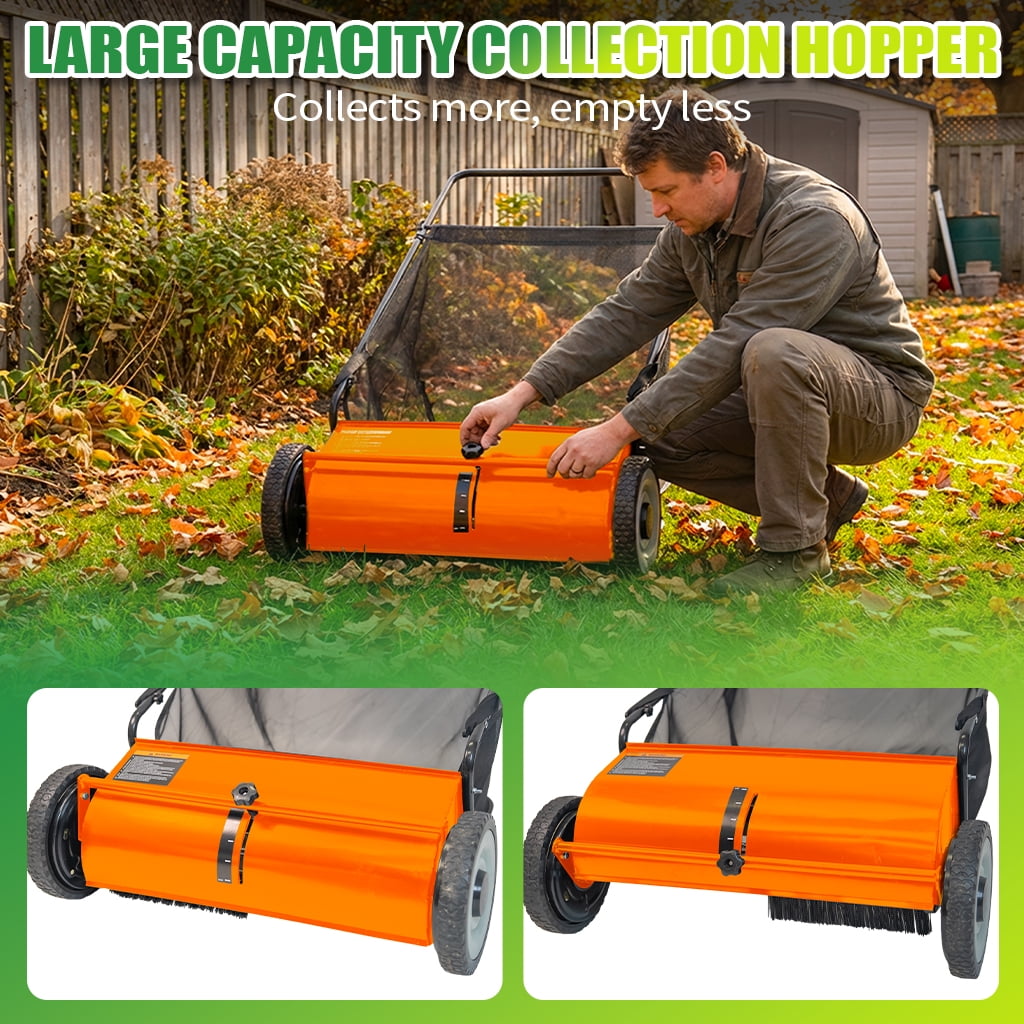 26" Push Lawn Sweeper, 7 cu.ft Large Capacity Yard Sweeper Push, Leaf Collector with Detachable Hopper, Rubber Wheels, Ergonomic Handle for Lawns, Yards & Gardens,Adjustable Height,Orange