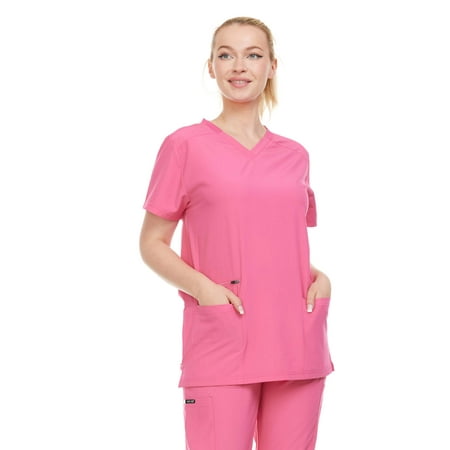 

Heal + Wear Women Scrubs Top V-Neck Short Sleeve Female Medical with Pockets Regular Fit 4 Way Stretch Pink M